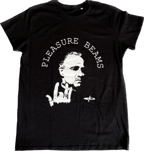 T-shirt with Godfather, white silkscreen print, showing Jill, Pleasure Beams logo