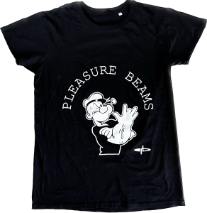 T-shirt with Popeye, white silkscreen print, showing Jill tattoo, Pleasure Beams logo